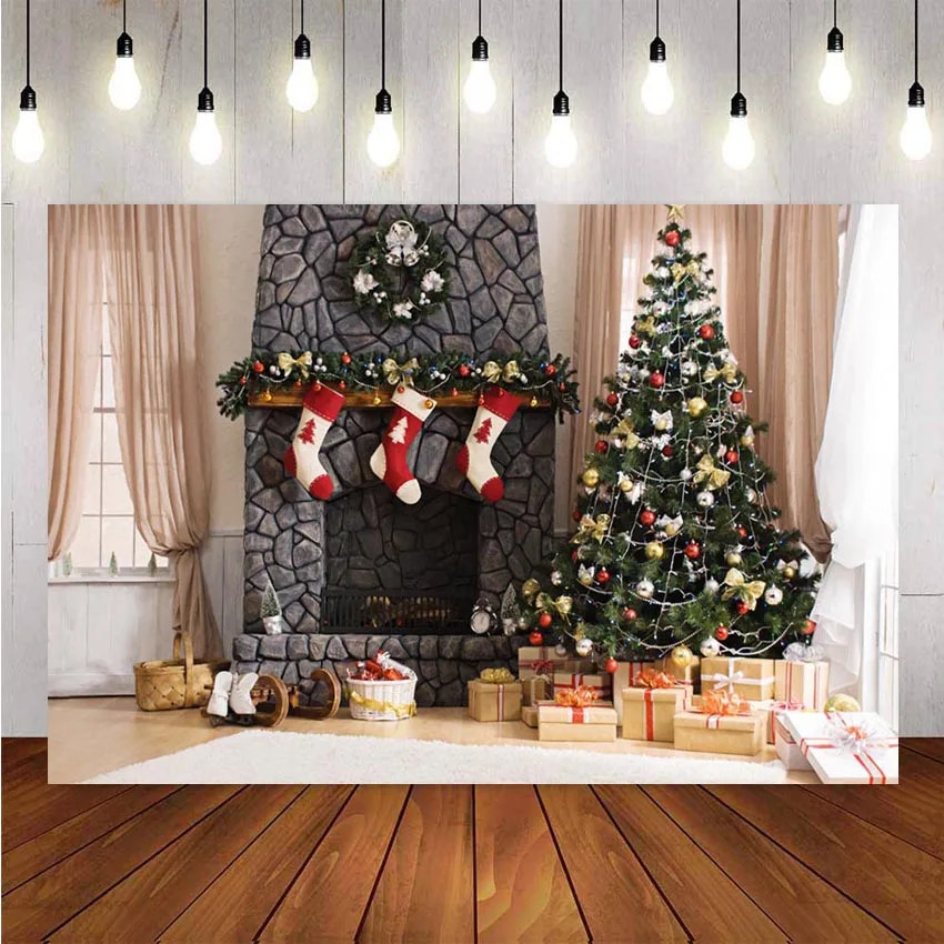

Photography Backdrops Christmas Tree Backdrop Fireplace Photo Background Santa Claus Sock Decor Photocall Backdrop Photo Studio