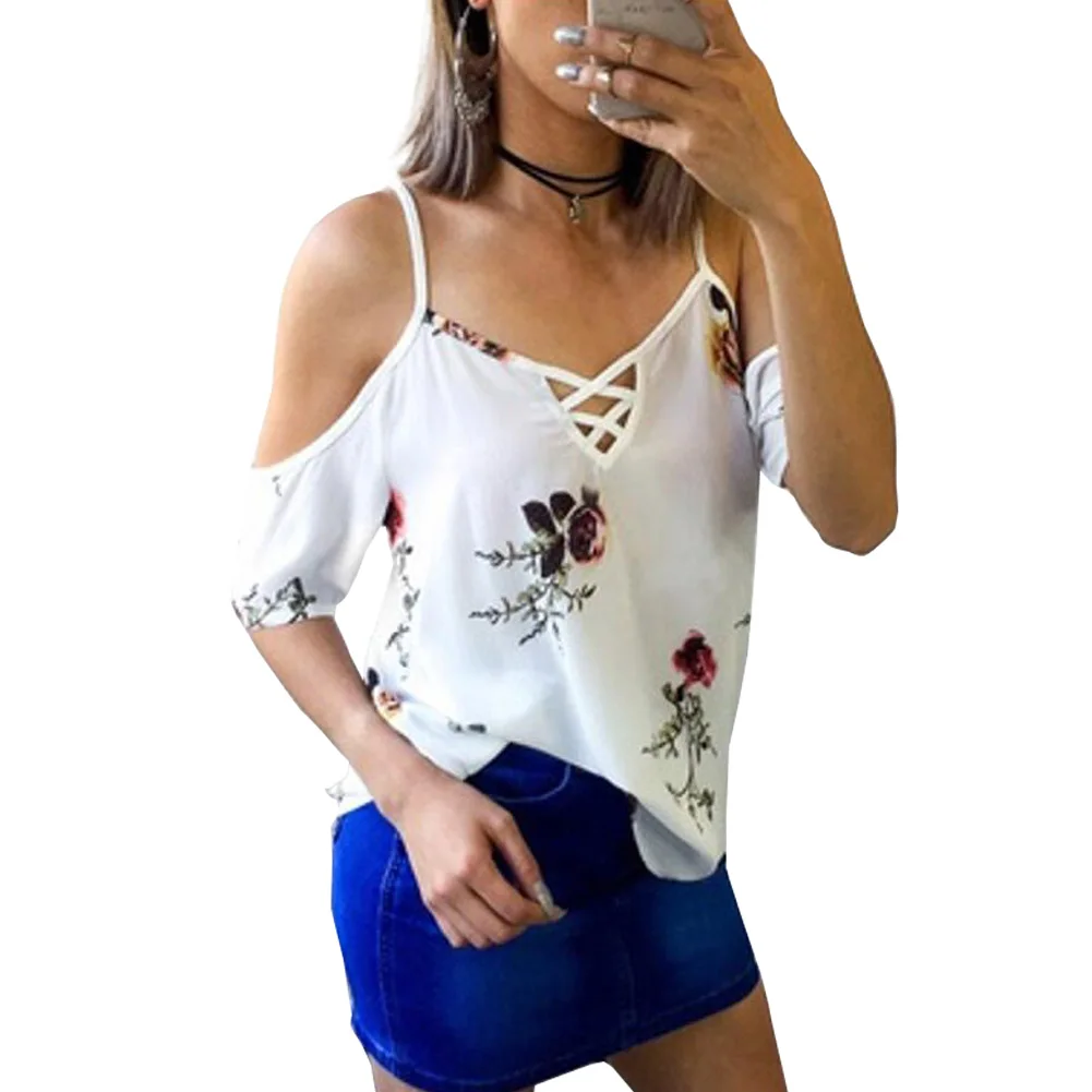 SanHuaZ 2018 Summer Spring Women’s Blouses Shirts Casual Beach Printed Floral Off The Shoulder V-neck Women Loose Shirts