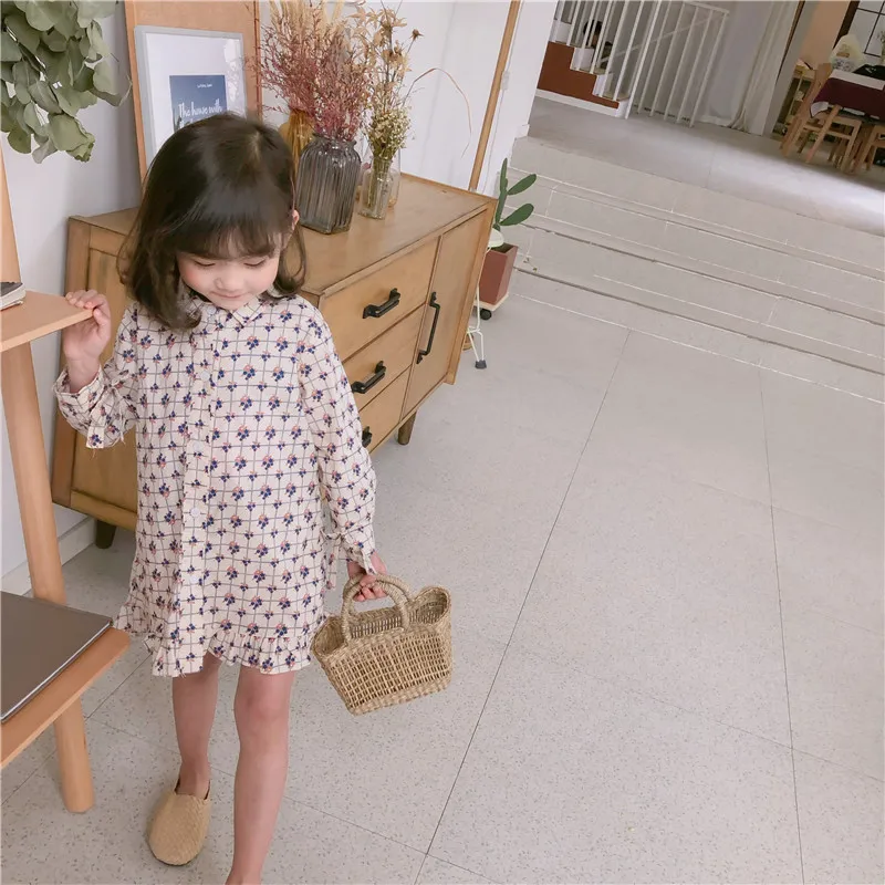 Spring New Arrival korean style cotton shredded chequered long Sleeve all-match princess dress for cute sweet baby girls