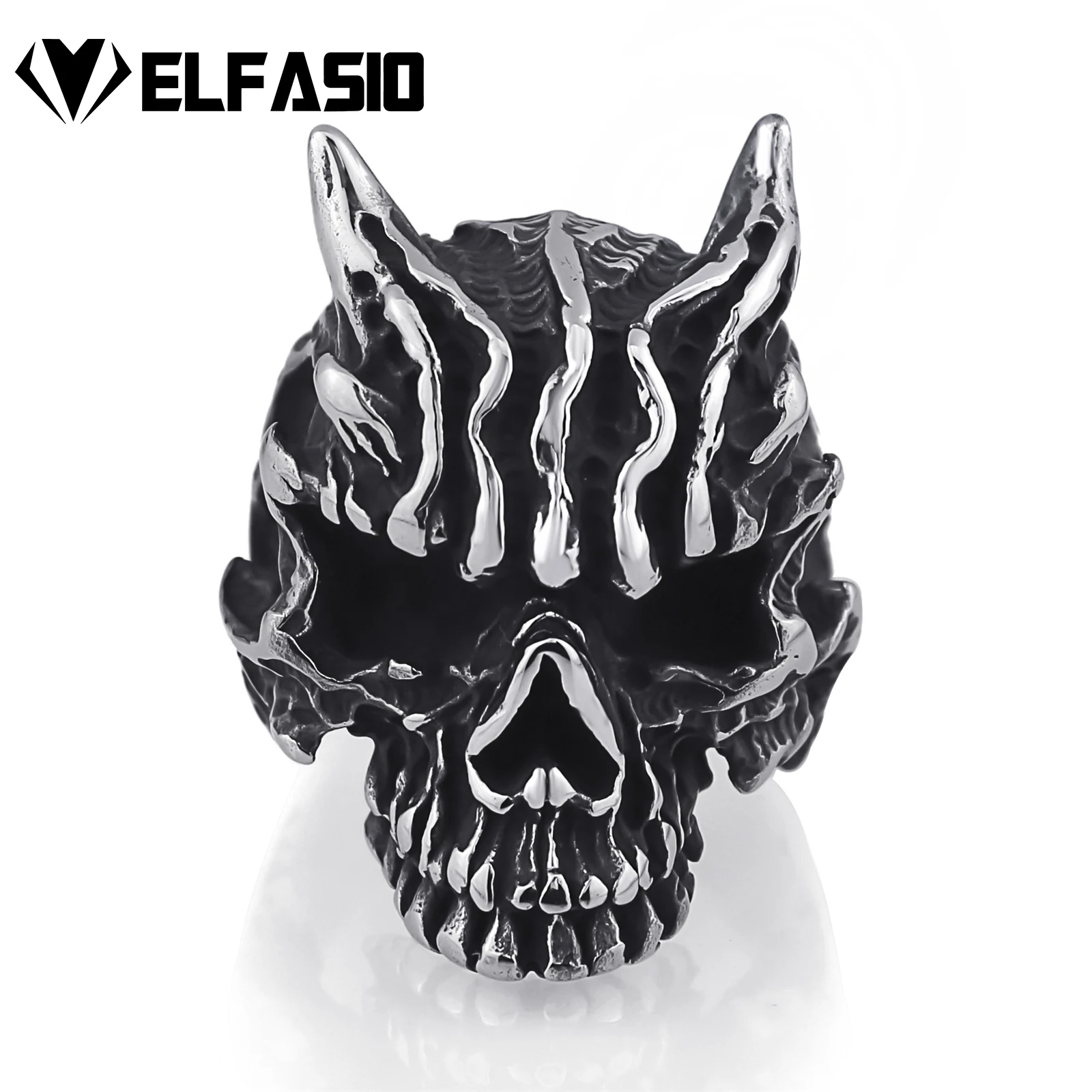 

Elfasio Mens Skull Hell Shura Yaksha Hip hop Stainless Steel Ring Biker Jewelry Size 8-13