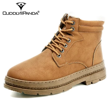 

CuddlyIIPanda Men Fashion Ankle Boots Winter Warm Short Plush Ankle Boots High Quality Leather Snow Boots Zapatos De Hombre