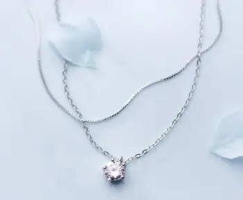 

THIN 100% real Silver 925 Fine Jewelry CZ Solitaire Pendant Double Rows /Multi-Layers choker Necklace GTLX1869