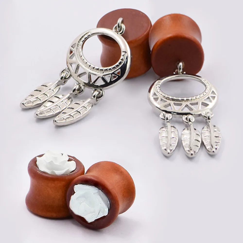 2pair Fashion Ear Pierces Tunnels Plugs Wood Ear Pendant Flower Luxury Piercing Jewelry Flesh Ear Expansions