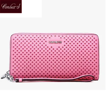 

Contact's Brand New Women Zipper Travel Wallets Metal Finish Saffiano Leather Purse Ladies Clutch Bag With Wristlet-strap