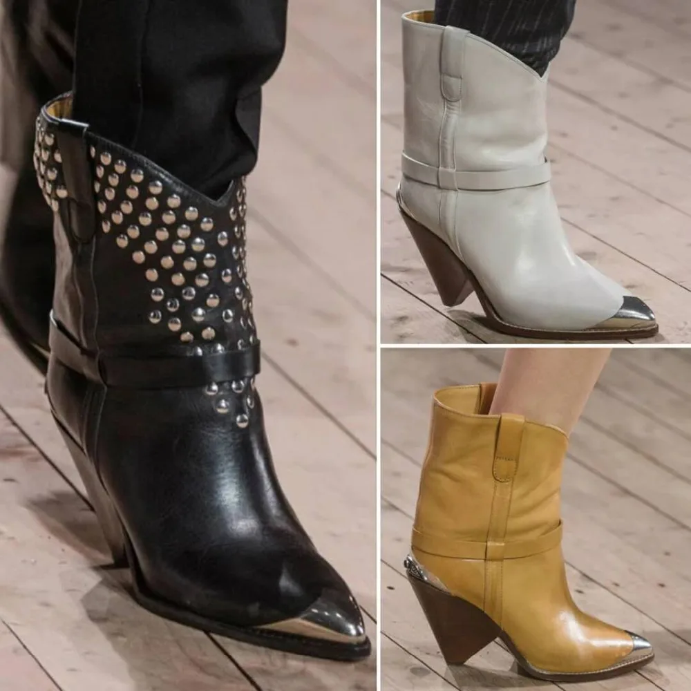 Botines de tacón con puntera de Metal para mujer, diseño italiano, 2019,  zapatos de pasarela, Botas de cuero gruesas de tacón con remaches para  motocicleta, Botas puntiagudas|Botas hasta el tobillo| - AliExpress