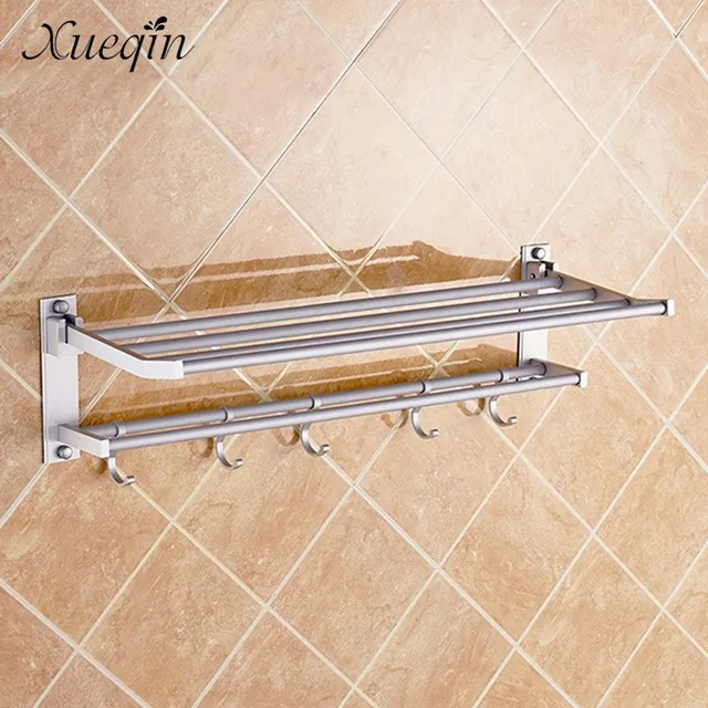 2 Layer Alumimum Foldable Bathroom Towel Rack Holder Wall Mounted Storage Hanger Kitchen Hotel Towel Clothes Shelf With 5 Hooks