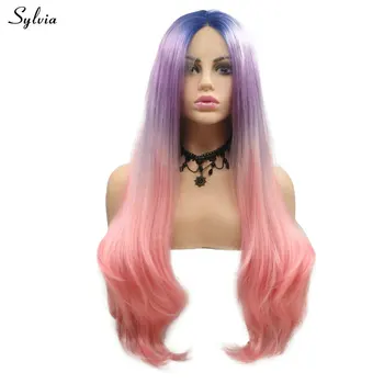 

Sylvia Pink Wig Lace Front Blue Roots Ombre Lavender Purple Wig Long Soft Synthetic Heat Resistant Wigs Natural Wave For Women