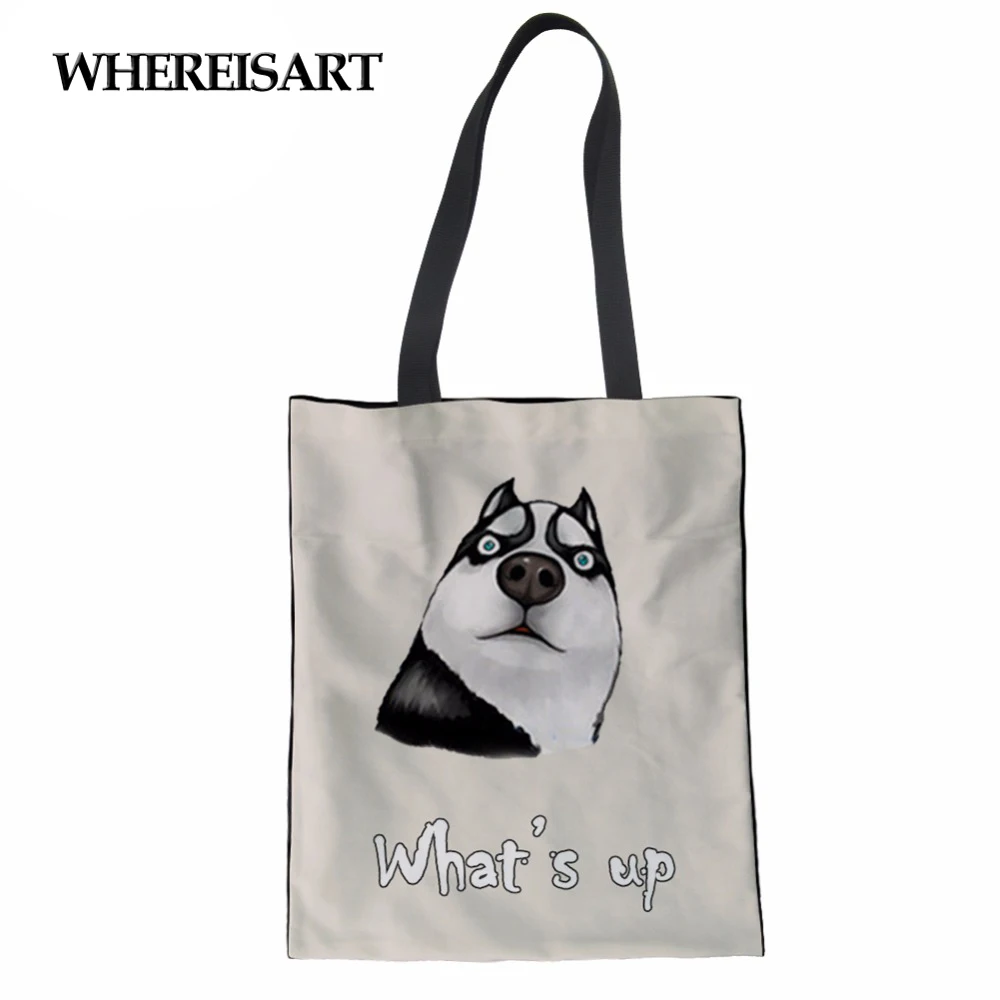 WHEREISART Женская Холщовая Сумка-тоут сумка для покупок Шиба ину Собака Хаски сумка Экологичная хлопковая Портативная Складная емкость для покупок