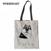 WHEREISART Женская Холщовая Сумка-тоут сумка для покупок Шиба ину Собака Хаски сумка Экологичная хлопковая Портативная Складная емкость для покупок