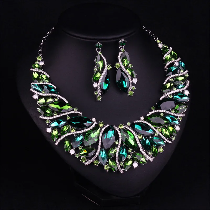 Роскошные Австрийские кристаллы Свадебные Ювелирные наборы зеленое дерево ротанга ожерелье серьги набор