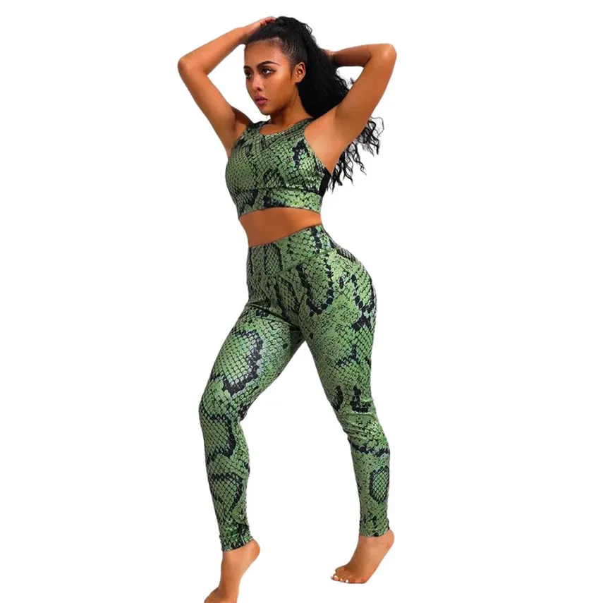 MAXIORILL Women Hot Sale Light Green Snake Pattern Suit Fashion Sexy Feet Pants biker shorts chandal mujer 2 piezas Y* | Женская одежда