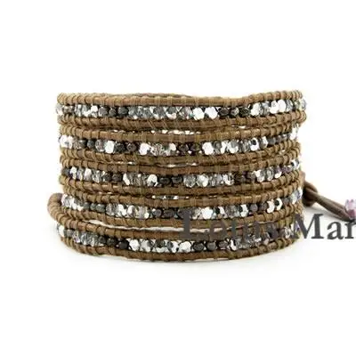 

925 sterling silver gun crystal mix match 5 wraps gold brown leather bracelet
