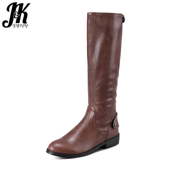 

JK Button Decoration Knee-High Knight Boots Back Zip Winter Boots Comfortable Female Square Heel Women Shoes 2018 New Arrival