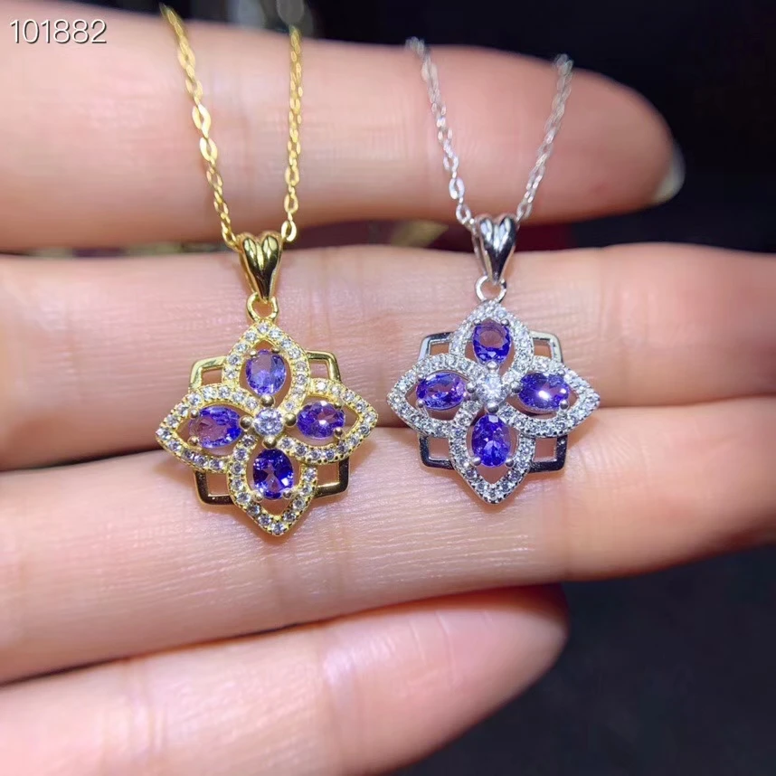 

Natural blue tanzanite gem necklace pendant S925 silver natural gemstone pendant fashion square Clover woman party gift jewelry