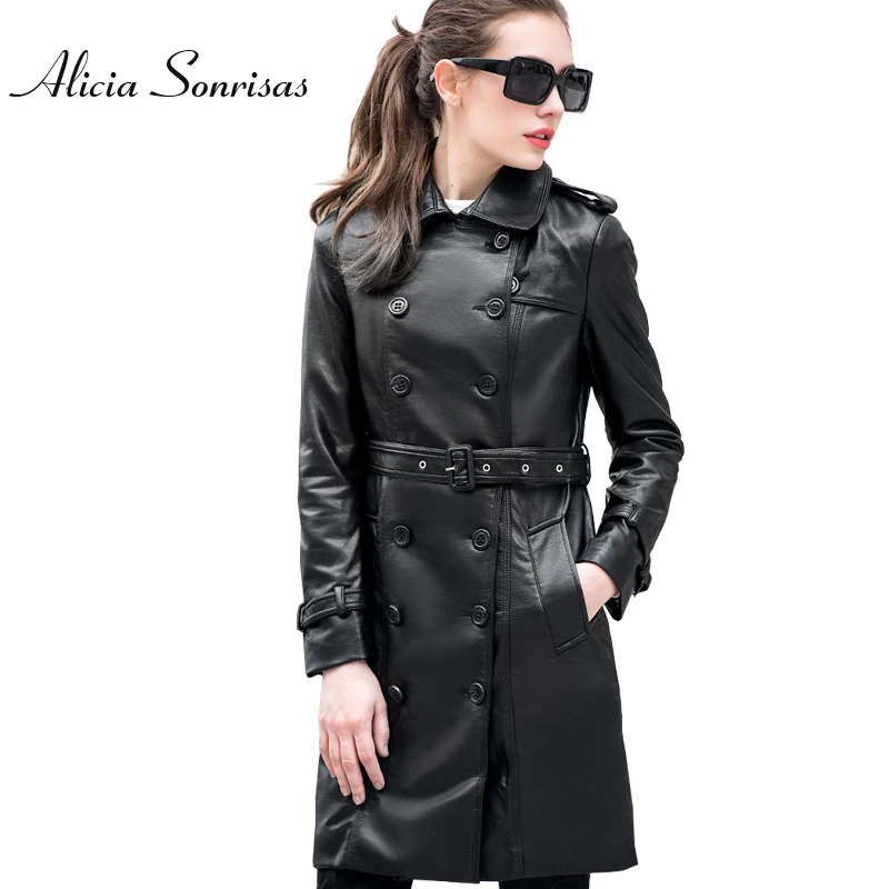 

2018 Spring Jacket Women Long Trench Coat PU Faux Leather Jackets Perfecto Femme Cuir Black Long Leather Coats UV1087