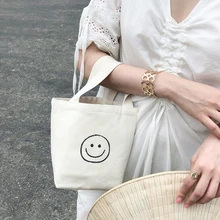 Mini Canvas Tote Bag Women Small Cute Smile Printing Top-handle Bag Female Korean Fashion Fabric Cellphone Wristlets Purse