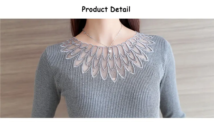 High Elastic Knitted Sweater Women 2019 Autumn Lace Patchwork Sweaters And Pullovers Lady Long Sleeve Red Pull Femme Hiver (13)