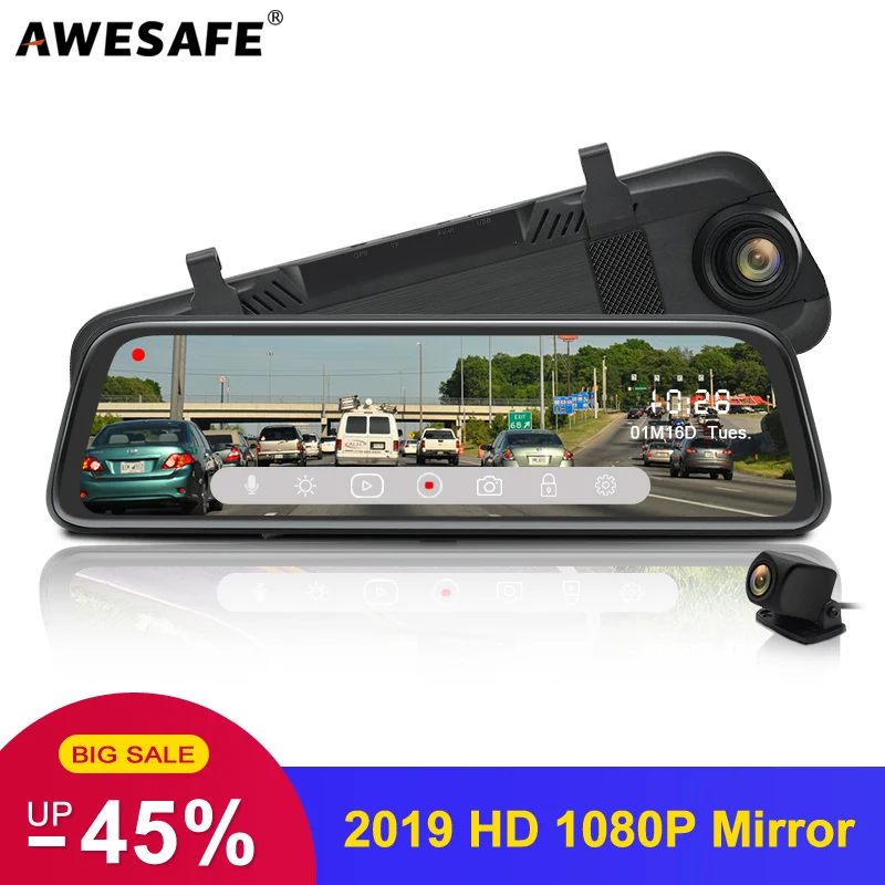 

AWESAFE New FHD 1080P Dash Cam Car DVR Camera Stream RearView Mirror 10'' IPS 2.5D Drive Video Auto Recorder Night Vision