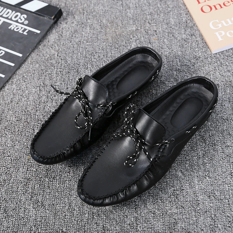 

Summer Half slippers For Men Lace Up Fashion Man Flats Shoes Anti-Slip Soft Driving Moccasin Mens Half Drag Casual Men Shoes