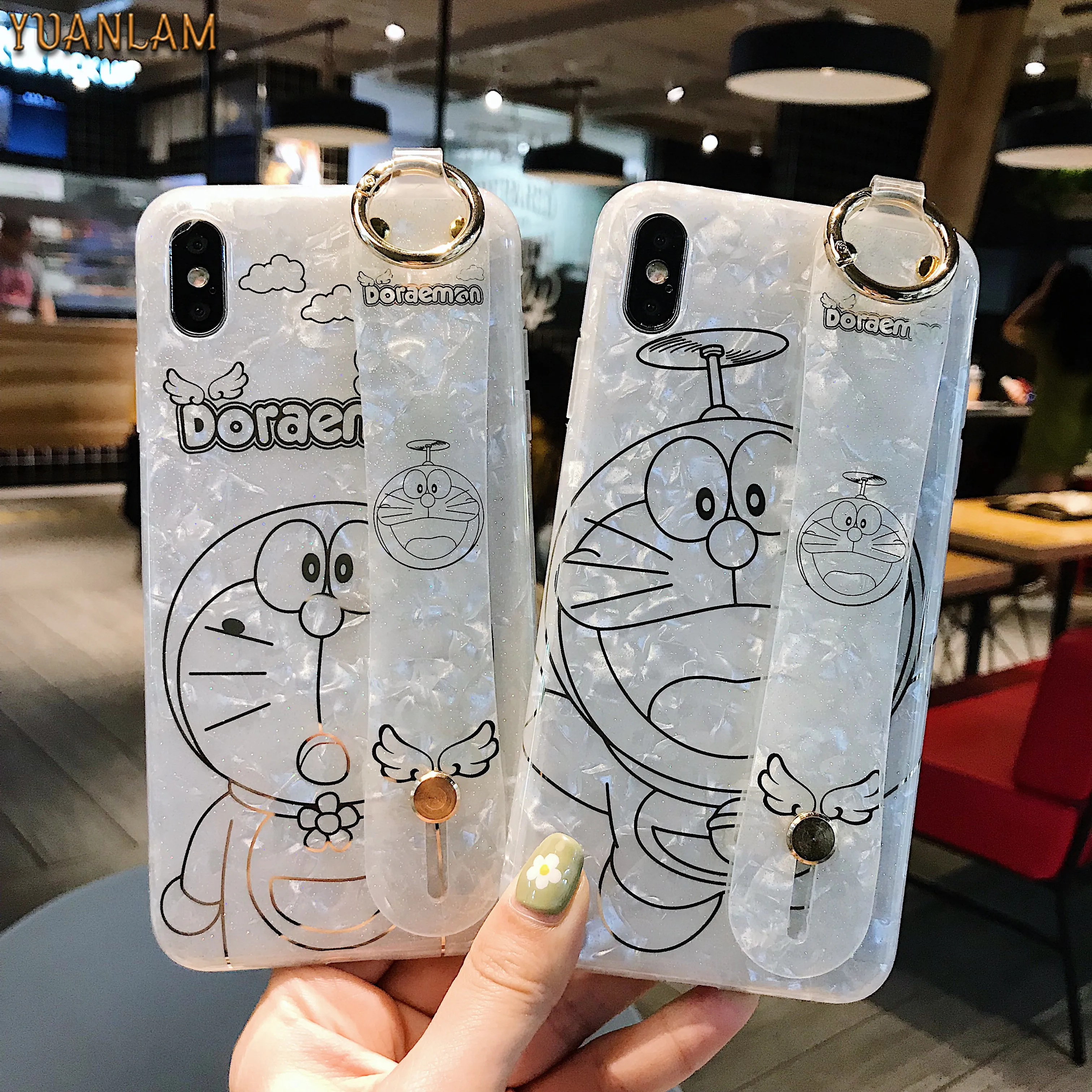 

Wrist Strap Shell pattern phone Case For iphone 7 8 6 6s plus Case For iphone X Xs max XR cute cartoon Doraemon Soft imd cover