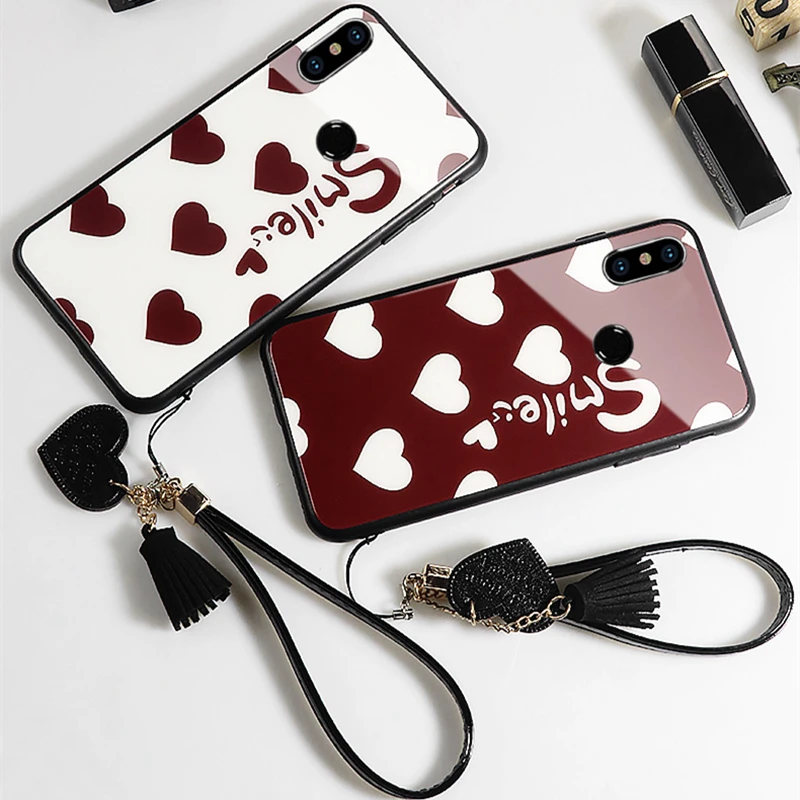 

Case & Strap For Huawei Honor 8X 7X 7A 8C Case Glass Hard Phone Cover For Huawei Honor 8x magic 2 Smile Love Heart lanyard funda