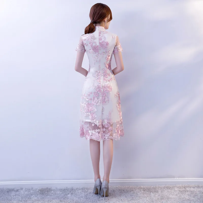 Chino tradicional ropa de encaje bordado Cheongsam vestidos de manga corta Qipao gran para boda baile fiesta cóctel - 3