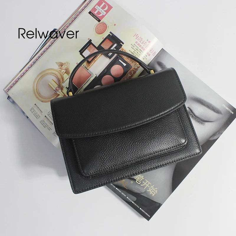 

Relwaver genuine leather shoulder bag small black head layer cowhide flap cover hasp hard box shaped fashion chic women handbag
