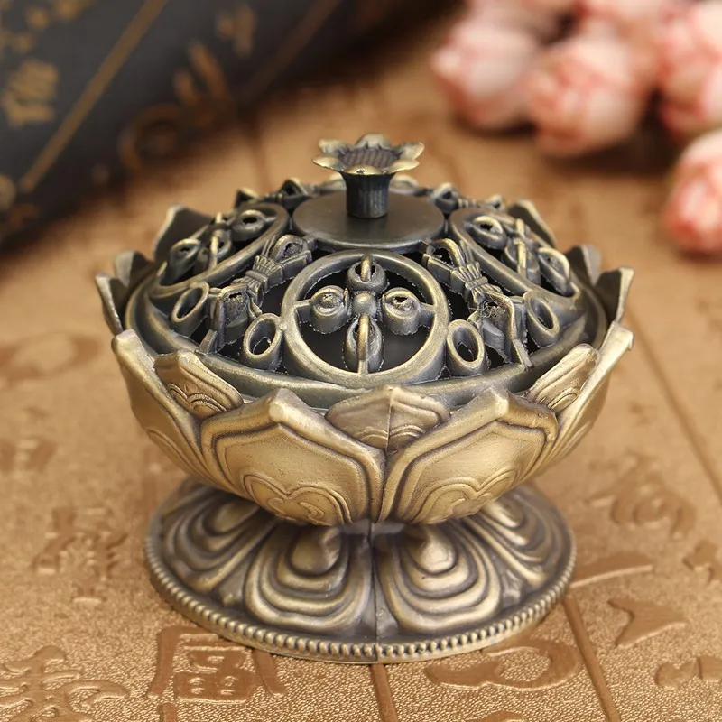 

Chinese Traditional Retro Lotus Metal Incense Burner Holder Flower Statue Censer Ornaments Crafts Gift Home Room Decor Cyans