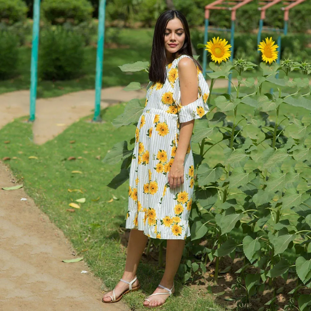 

MUQGEW Cold Shoulder maternity dresses Women Short Sleeve Pregnant Maternity Flower Ladies Print Sunflower Dress robe grossesse