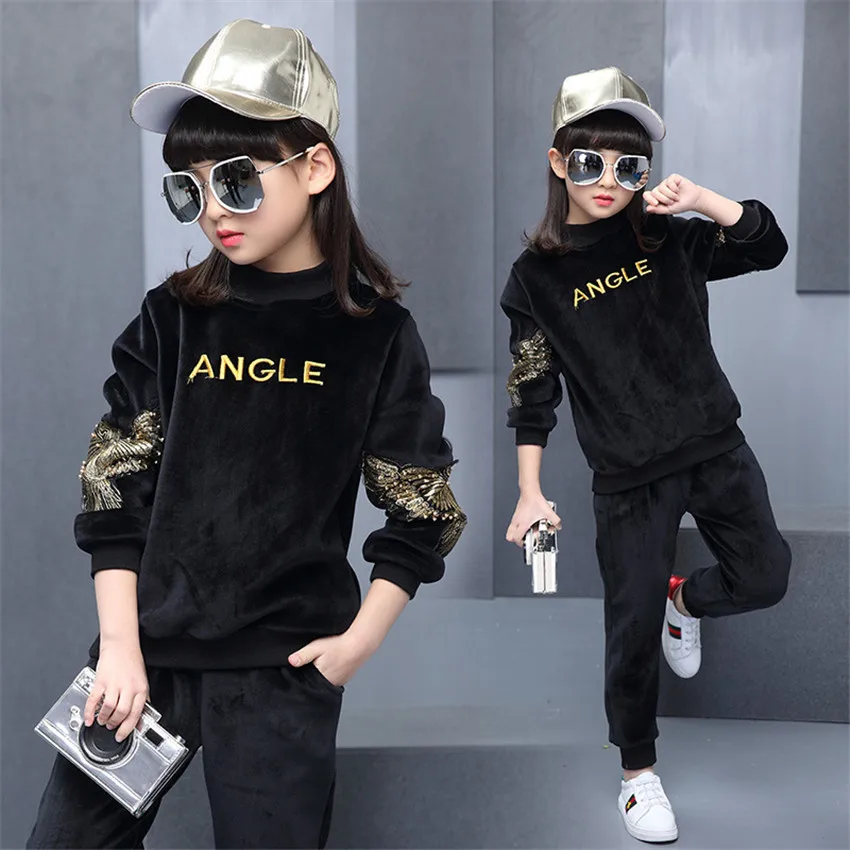 

3-12 y kids girl sets pleuche tracksuit for girls long sleeve spring 2019 children's clothing fashion wing embroidery sweatshirt