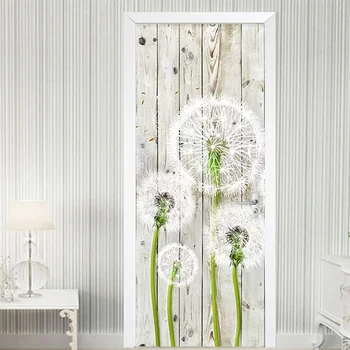 

3D Door Sticker Modern Wood Board Dandelion Mural Wallpaper Living Room Bedroom Home Decor Wall Sticker PVC Waterproof Wallpaper