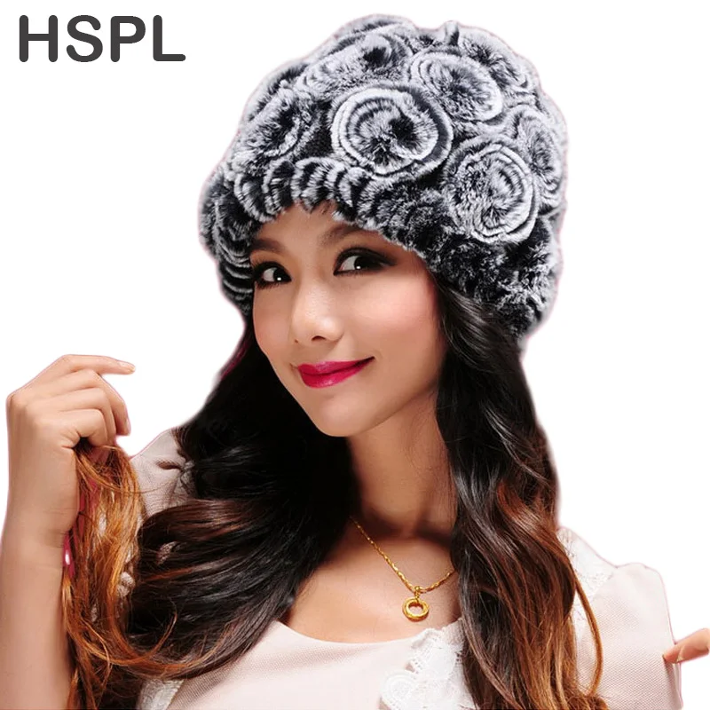 

HSPL Rose Decoration Rabbit Fur Hat For Winter Wholesale Price Rose Flower Warm Lady Fur Hats 2017 Fashion Winter Caps