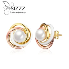 SIZZZ European and American fashion luxury three-color simulated-pearl stud earrings jewelry for women
