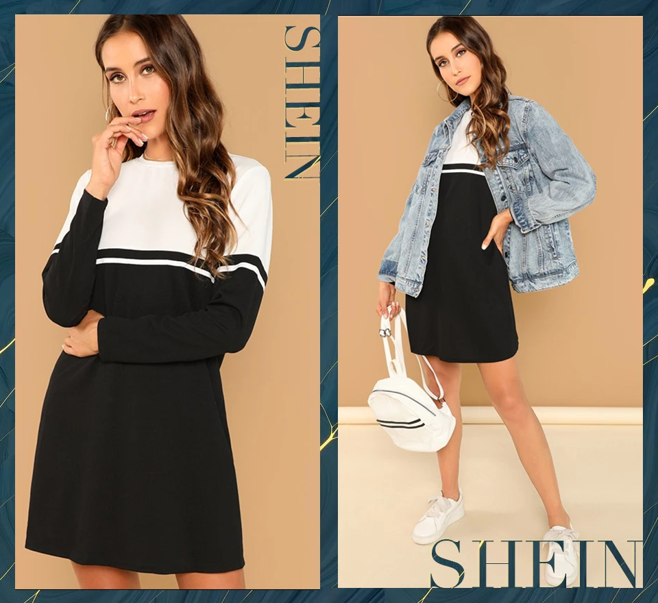 SHEIN Контрастное Повседневное Платье С Длинным Рукавом, Спортивное Платье Свободного Кроя