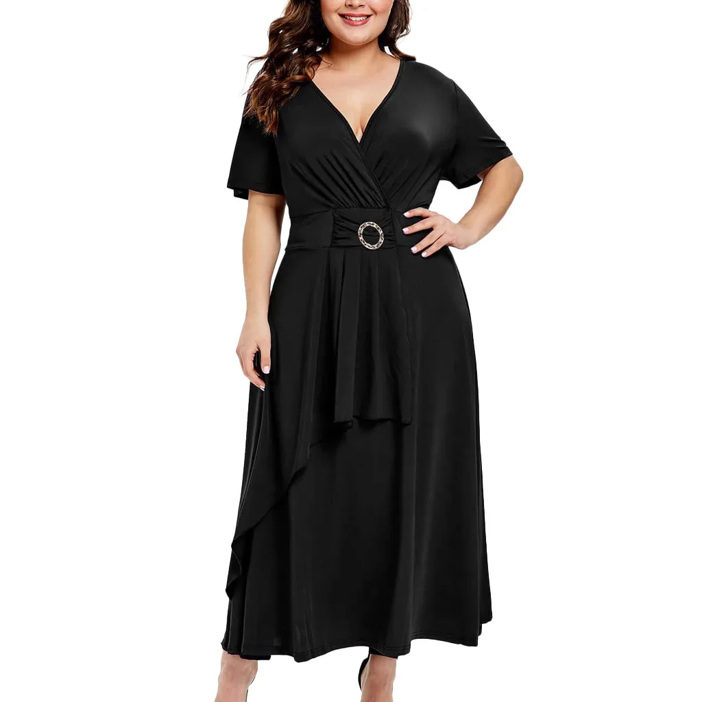 

Plus Size Fashion Women Longue Dress Casual Solid Color Deep V Neck Short Sleeve Maix Party Dresses Pleated High Waist Vestidos