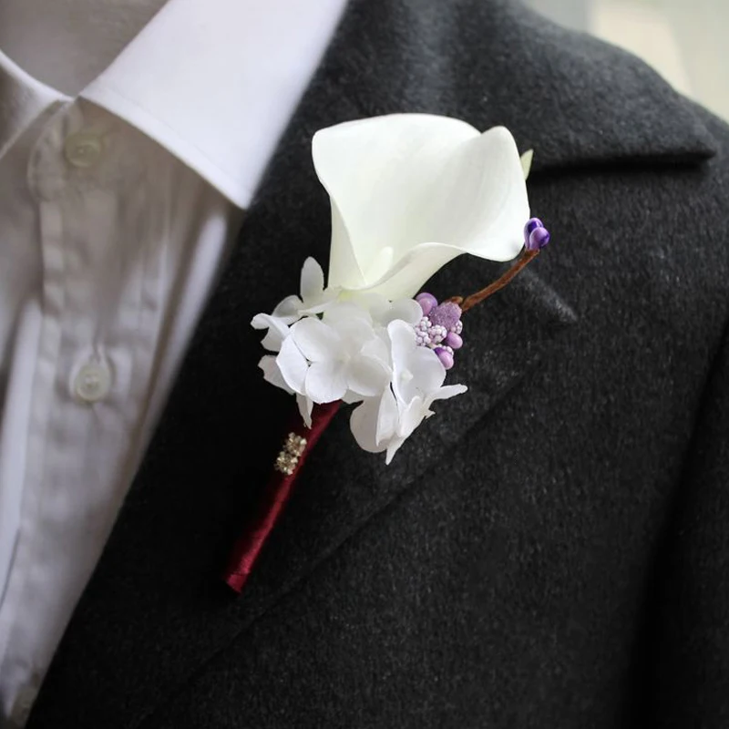 

Artificial calla lilies Bride wrist Corsage Flowers Grooms suit Best man Boutonniere pin Wedding Flower decoration