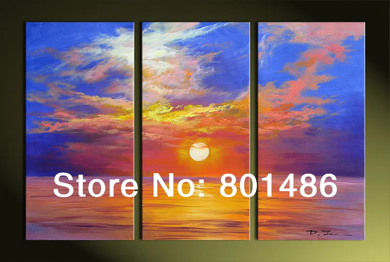 

Sunrise Seascape Oil Painting Wall Art Canvas Beautiful hand painted 3 Panel Blue And Yellow Canvas Art For Home Decoration