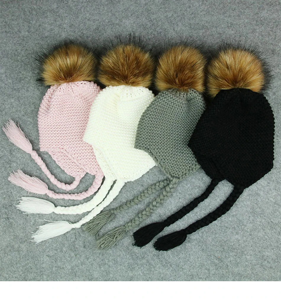 Детская зимняя шапка для маленьких мальчиков и девочек, меховая вязаная шапочка с помпоном, теплая вязаная детская шапка с ушками, милые аксессуары для малышей