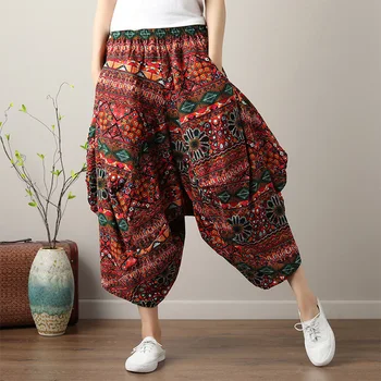 

Chinese Style Lady Loose Trousers 2018 New Summer Women Cotton and Linen Elastic Waist Harem Pants Floral Print Pant