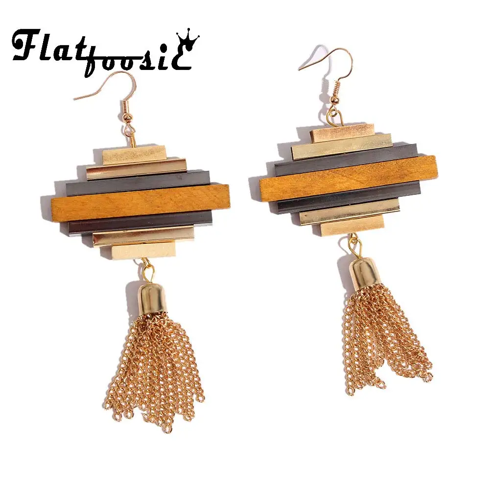 

Flatfoosie Vintage Wood Drop Earrings 2018 Female Fashion Jewelry Bohemian Ethnic Tassel Chain Hanging Dangle Earring For Women