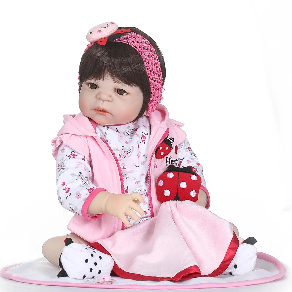 

With Panda Cloths Toy 22 inch Soft Full Silicone Vinyl Body Lifelike Toddler Reborn Baby Doll Play House Bath Toy Gift for Kids