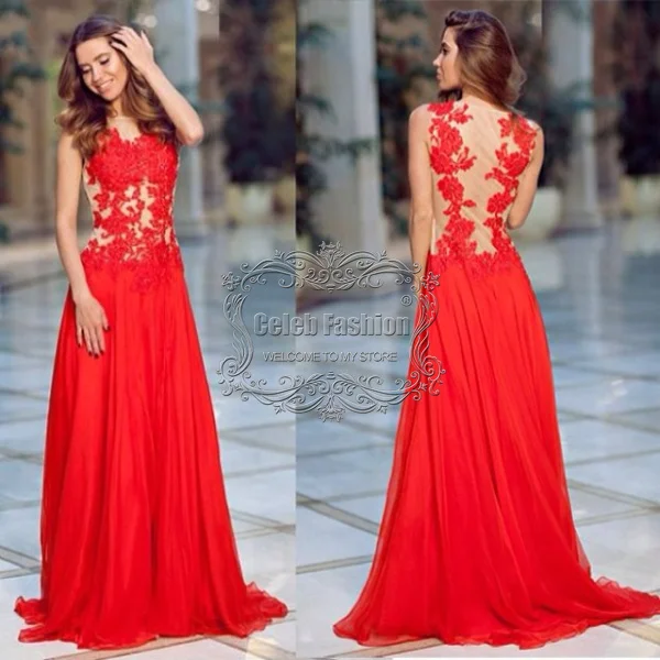 2017 Vestido De Fiesta Apliques de Encaje Rojo O Cuello Opacidad Volver Vestido Largo de Noche Formal Vestidos de Noche|dresses denim|gown gowns -