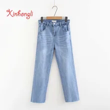 Большие размеры, женские джинсы с дырками, прямые брюки, весна-осень, новые повседневные женские эластичные джинсовые брюки из ткани