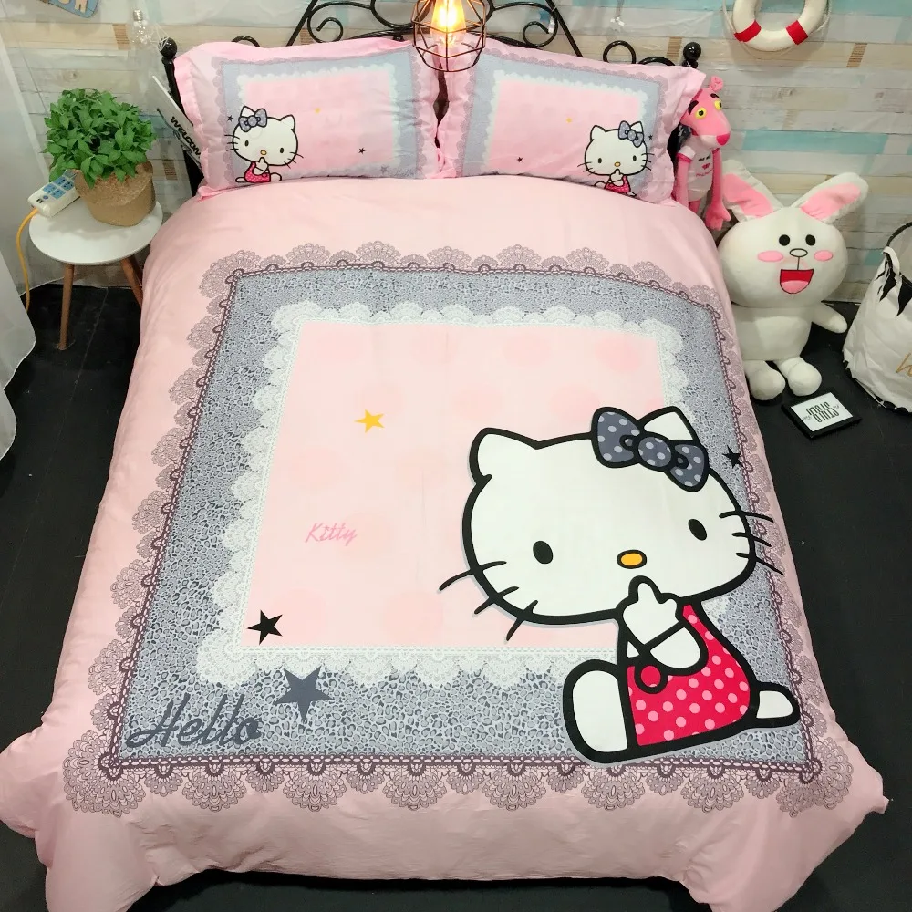 

100%Cotton Bedding Sets Cartoon Hello Kitty pink white lovely 4pcs king queen twin size Bed Set Duvet Cover Bed Sheet Pillowcase