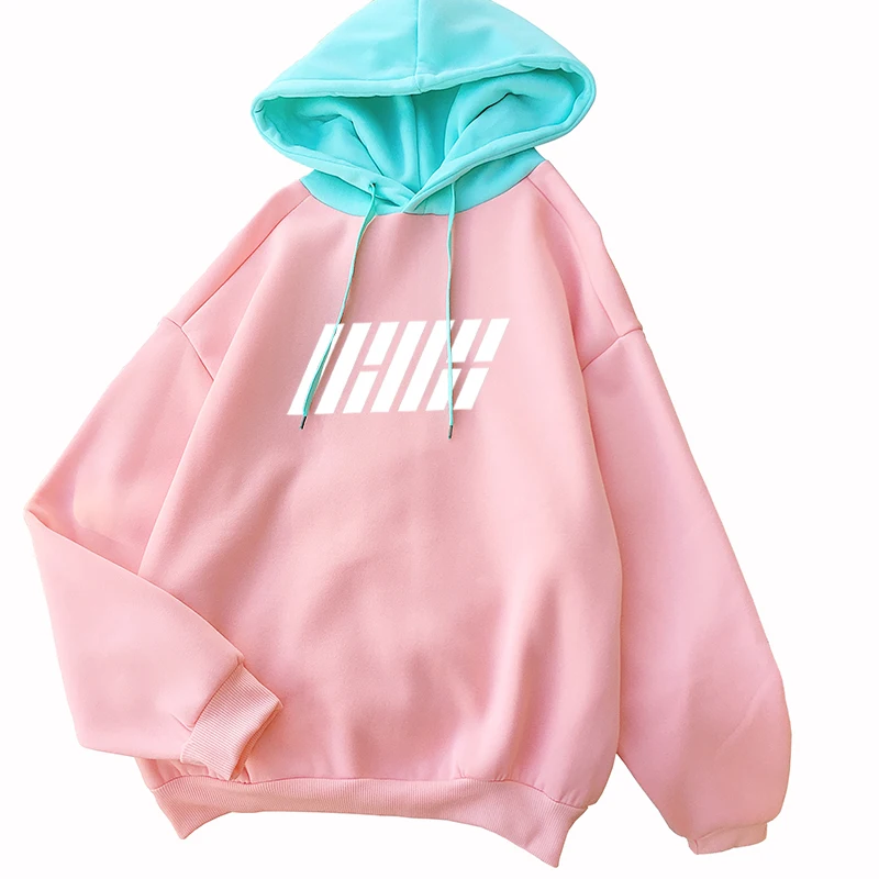 

2018 Winter New Fashion Casual Korean Kpop Ikon Spell Color Patchwork Hoodies Women Long Sleeve Fleece Harajuku Loose Tracksuits