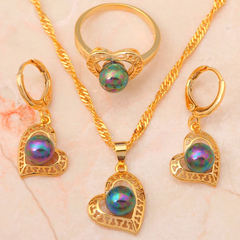 Летом стиль Золото Тон Многоцветный Pearl Ювелирные Наборы Серьги Кольца Ожерелья SZ#6#9 Ювелирные Изделия JS146