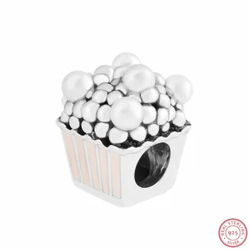 

925 Sterling Silver Pale Pink Enamel & White Crystal Delicious Popcorn Beads DIY Fit PANDORA Charms for Women Jewelry FL766