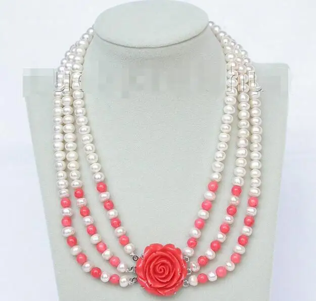 

FREE SHIPPING HOT sell new Style >>>>> 17"-20" 8mm 3row round white freshwater pearls pink coral necklace j8833