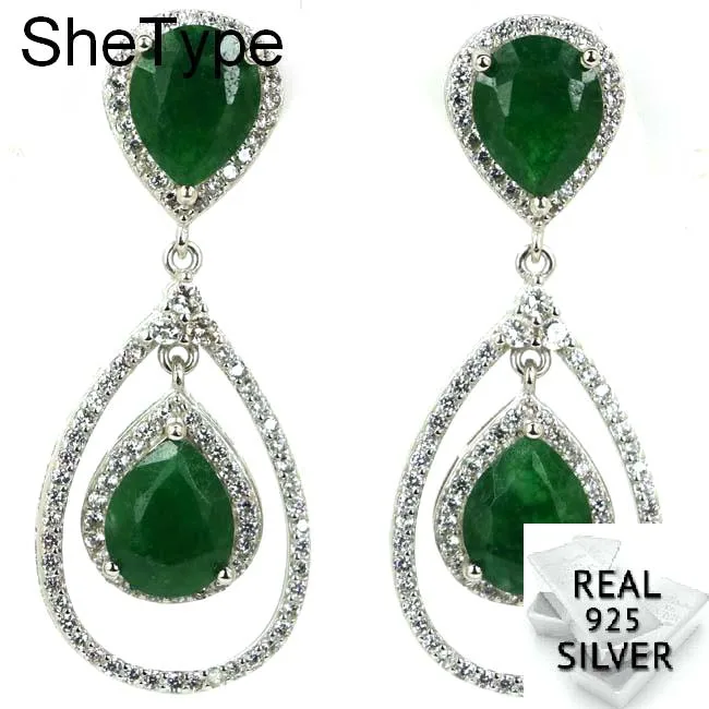 

Romantic 9.7g Drop Real Green Emerald White Cubic Zirconia Gift For Woman's 925 Solid Sterling Silver Earrings 42x17mm