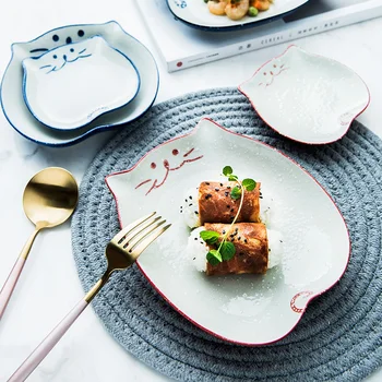 

Set of 4 Cartoon Kitty Ceramic Dinner Plate Hand-painted Cat Porcelain Dishes Saucer Plate Sushi Plate Maneki Neko 4/5/6/7 inch